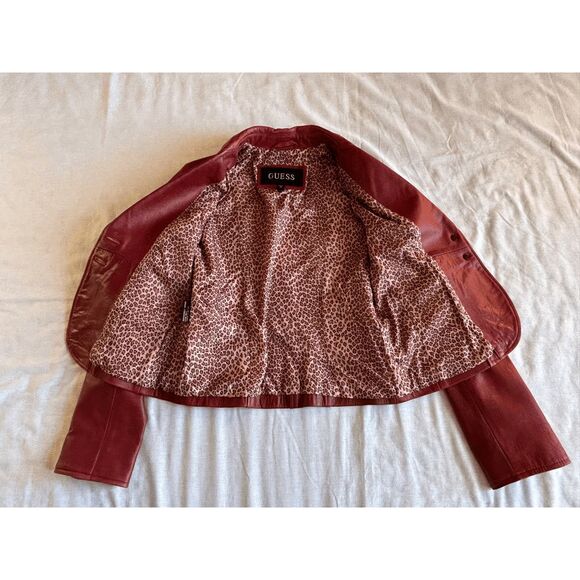 Guess Red Cropped Leather Jacket Size Medium, Y2K, Biker, Edgy - Picture 10 of 10